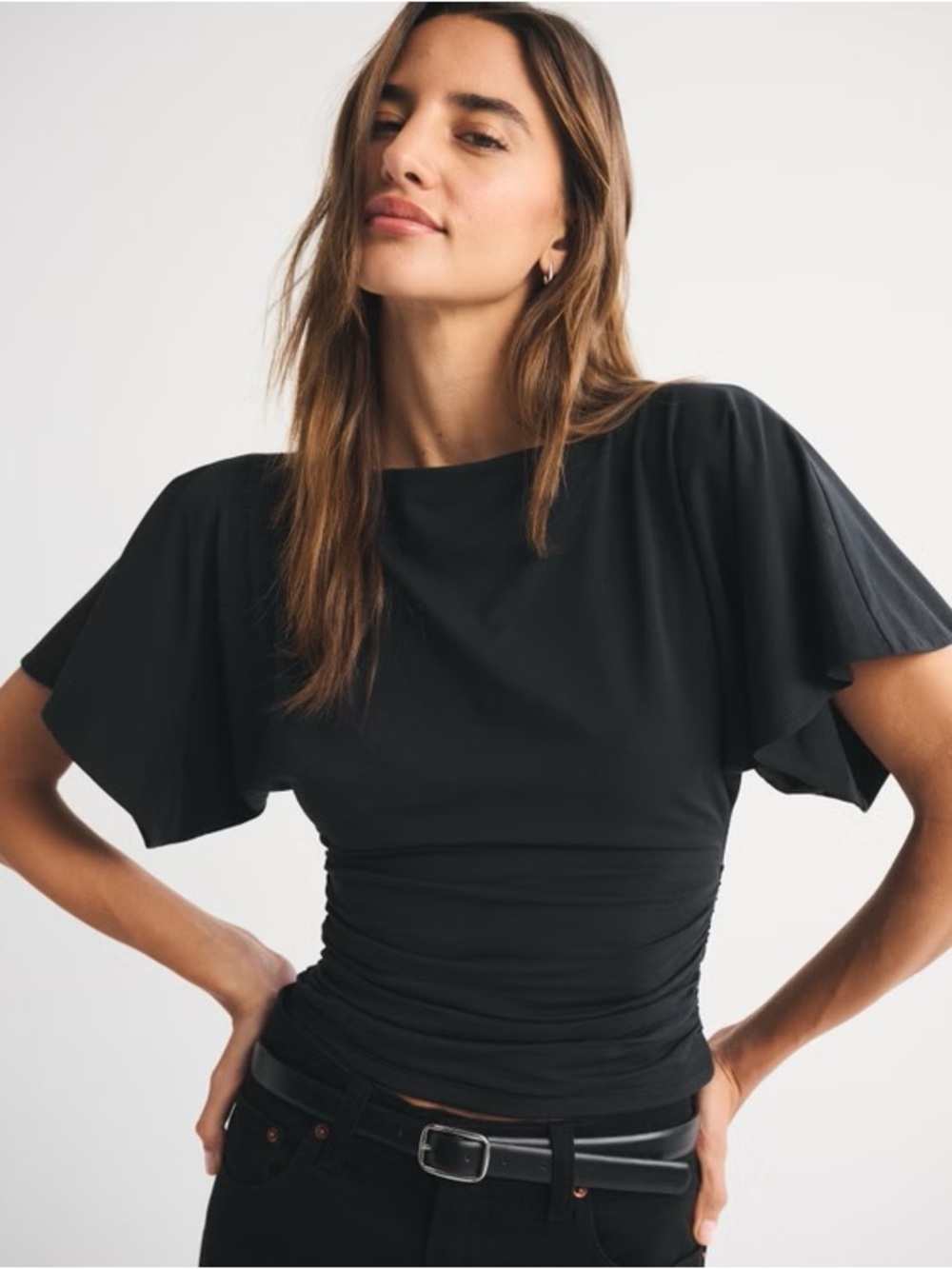 NWT TRENDY WORK TOP:Abercrombie & Fitch Black Ruched Flutter-Sleeve Top
